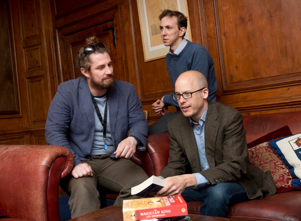 Lev Grossman with students William Badger (left) and Gabriel Schenk (centre)